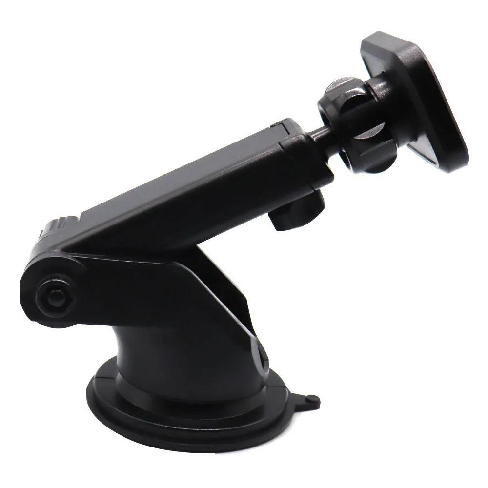 Black rotatable magnetic car phone holder mounted on dashboard with smartphone attached