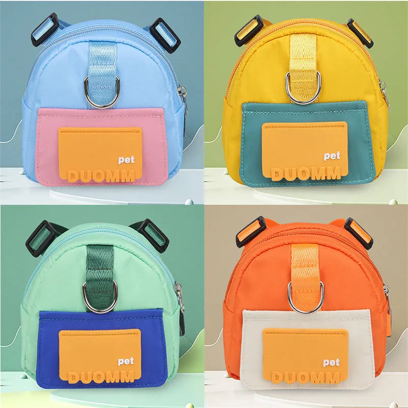 Blue polyester fibre dog backpack harness with snack storage compartments and adjustable straps