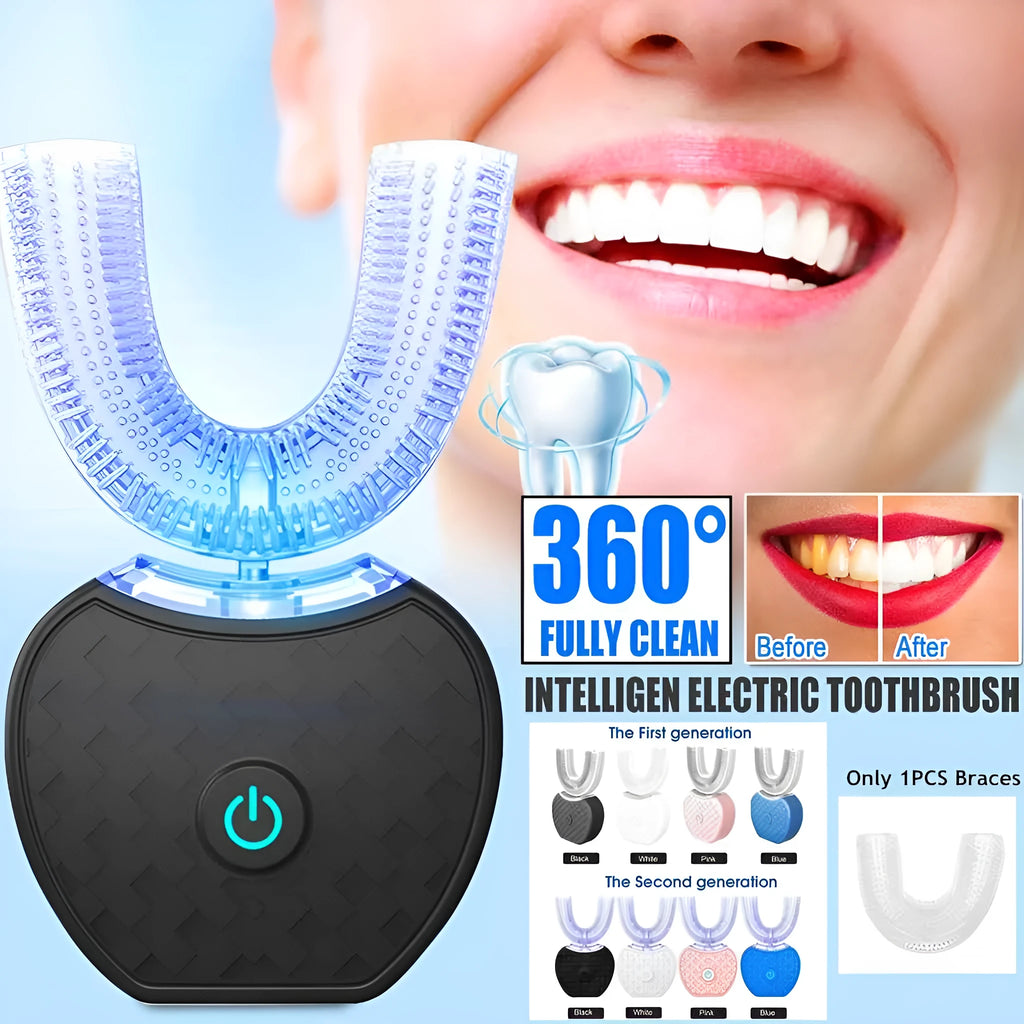 360 degree automatic electric toothbrush with U-shaped silicone head and blue light, IPX7 waterproof