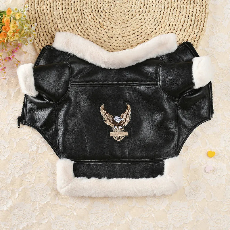 Leather dog winter jacket in black and brown colours with vest style option