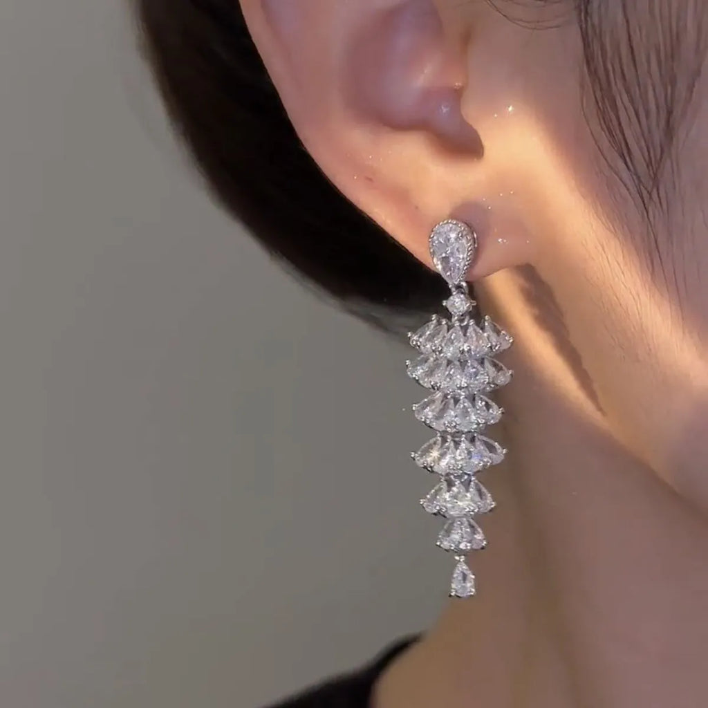 Silver pagoda coloured Christmas tree drop earrings with sparkling zircon accents on copper construction