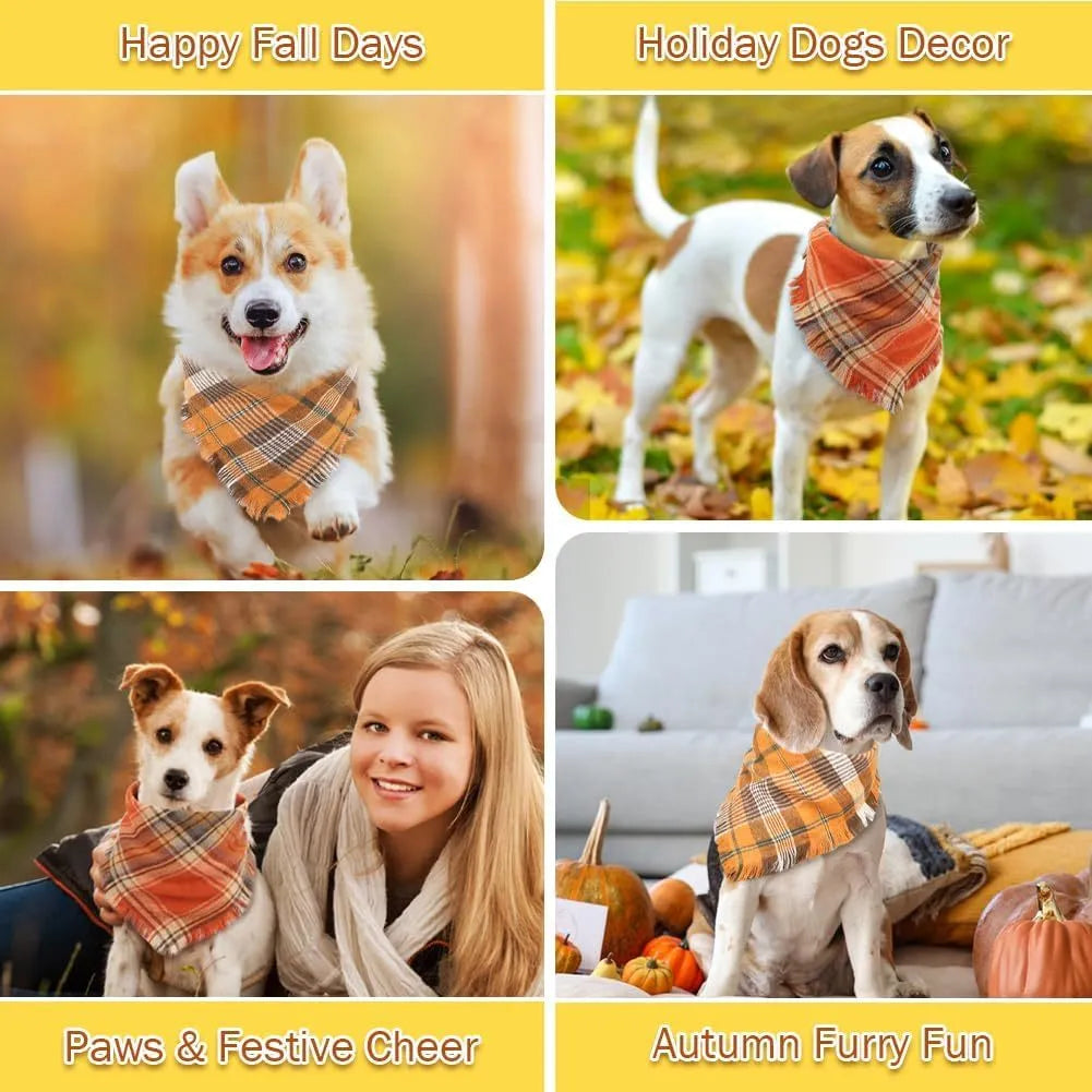 Plaid triangle dog bandana with tassels in autumn colours like orange and brown