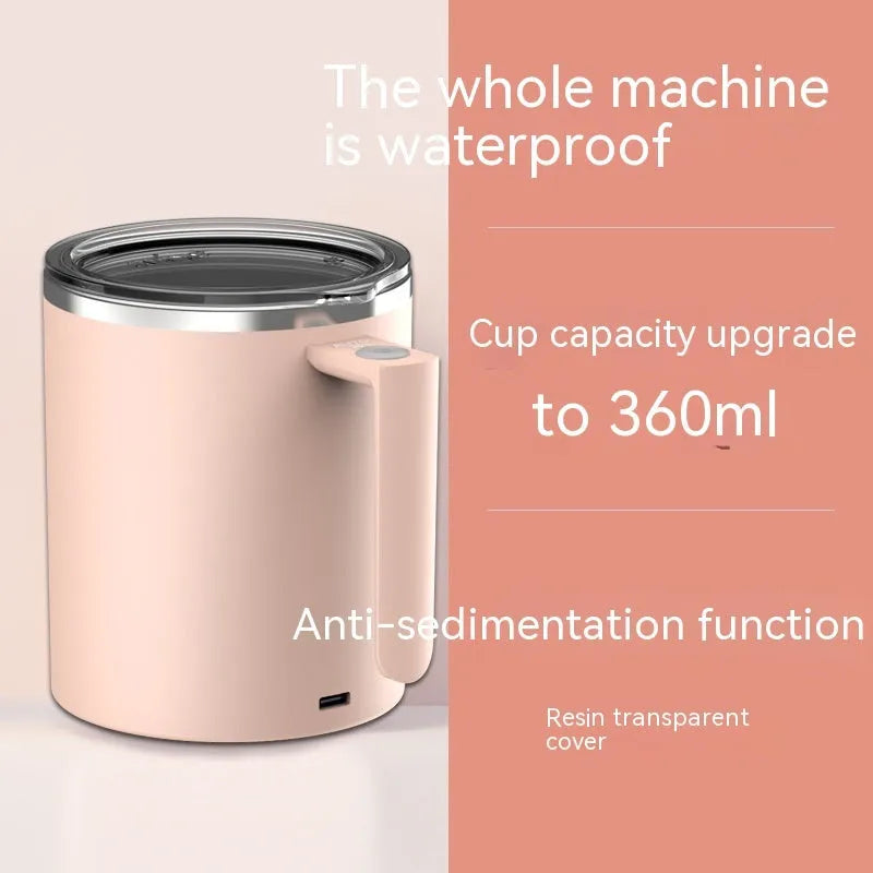 White automatic stirring coffee cup with magnetic base and 360ml capacity shown on a desk.