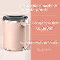 White automatic stirring coffee cup with magnetic base and 360ml capacity shown on a desk.