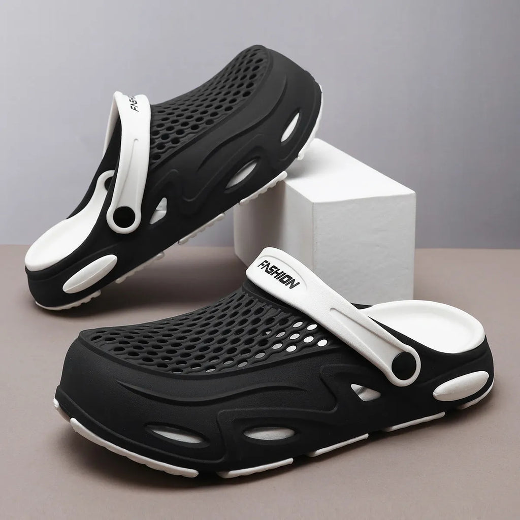 Men's grey closed toe beach slippers with non-slip EVA sole and round toe design