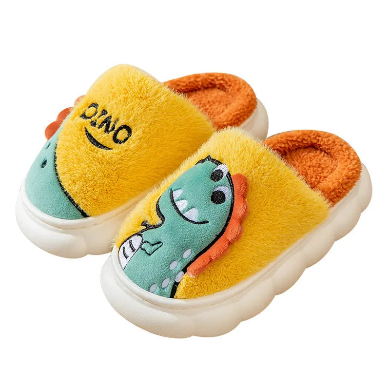 A pair of cotton plush slippers with a dinosaur design and thickened sole, shown in grey, coffee, or orange.