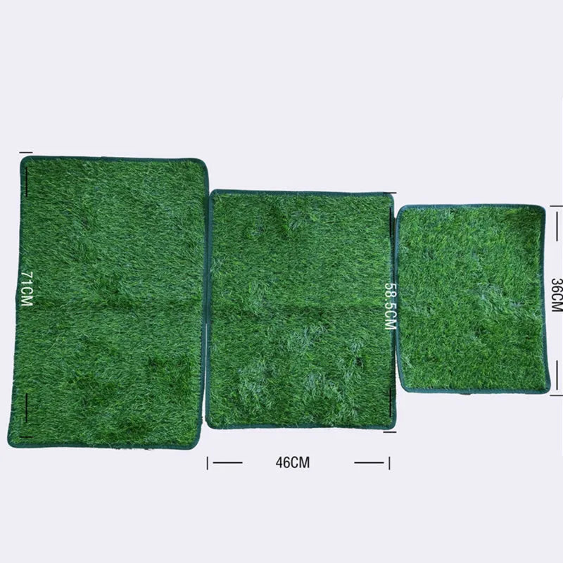 Green washable dog grass pee training mat with realistic lawn texture on a patio.