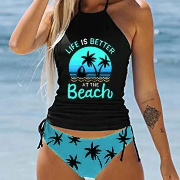 Women's conservative one-piece swimsuit with colourful split patterns and matching shorts