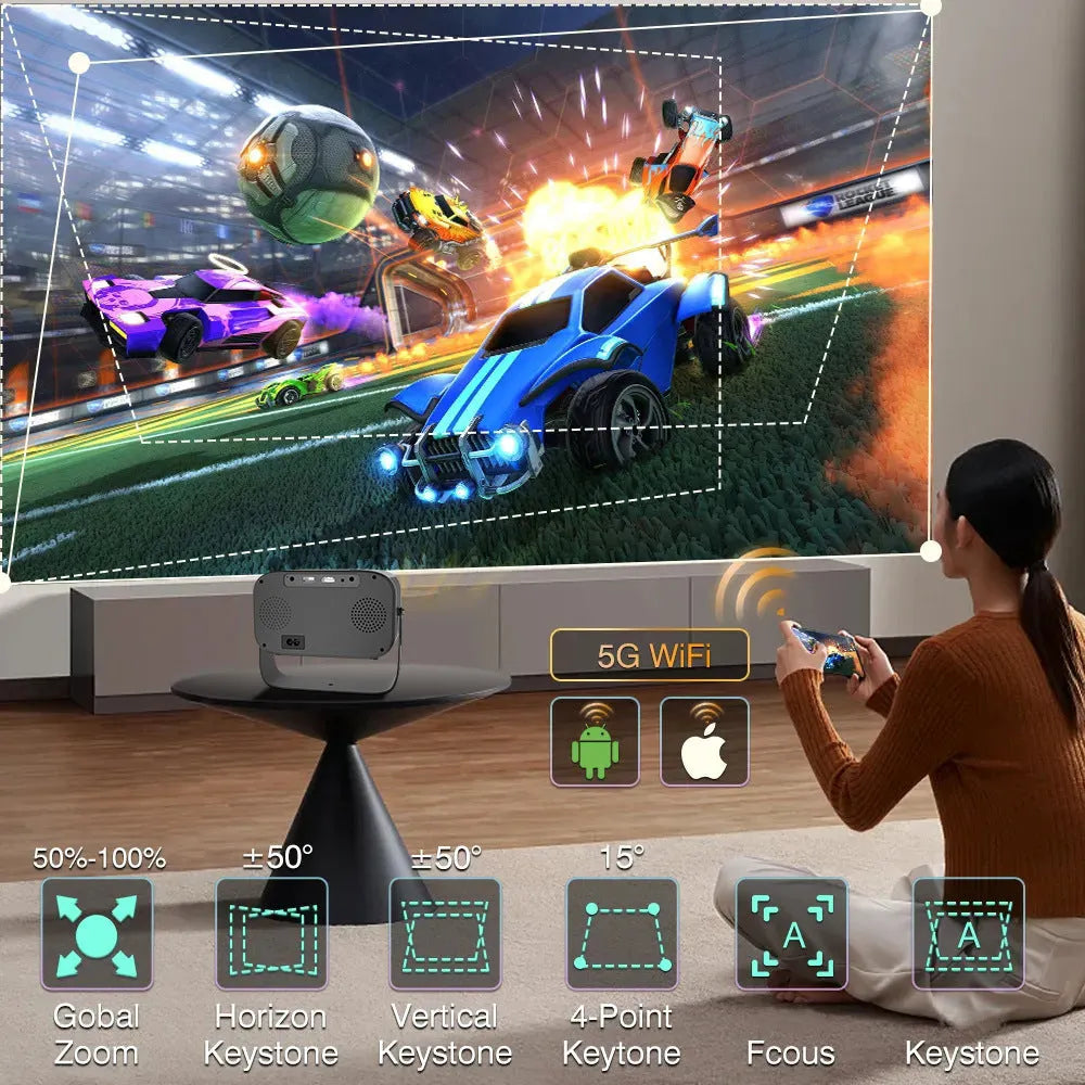 Black portable smart projector with remote control showing 1280x720 HD resolution and Android interface