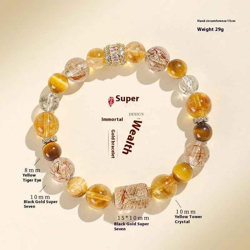 Adjustable black and gold crystal bead bracelet with natural multi-coloured stones on gold-finished settings