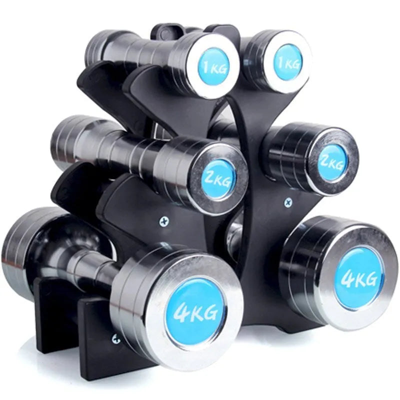 White PVC dumbbell stand with removable bracket holding multiple dumbbells.