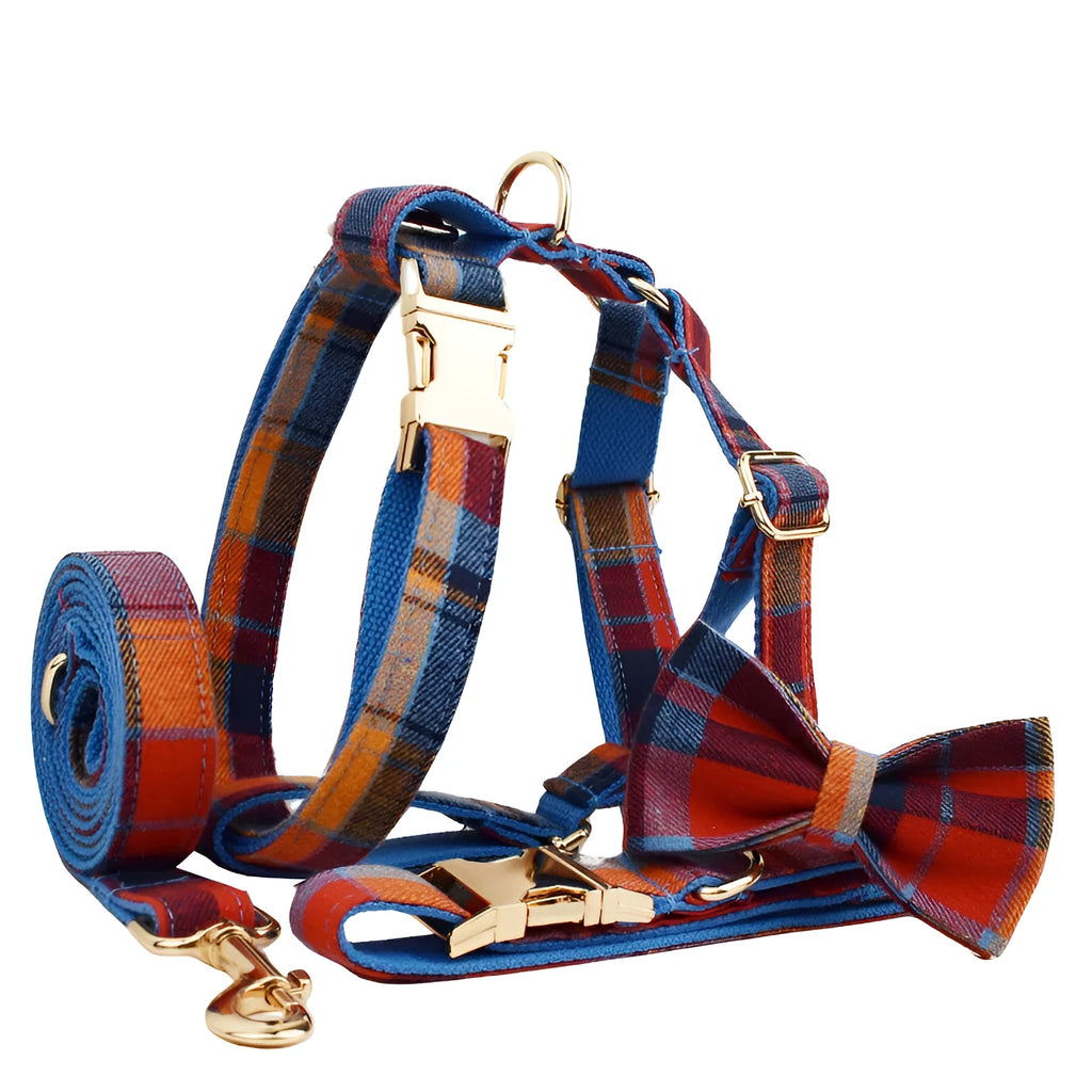 Cloth dog collar, leash, bow, and vest four-piece set in five sizes from XS to XL