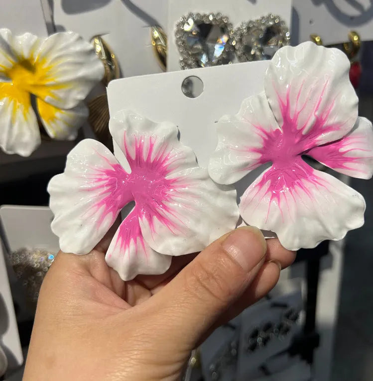 Alloy flower stud earrings with oil-spot glaze finish in pastoral European-American style