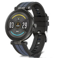 Smart watch with blood pressure monitor on wrist showing heart rate display and black silicone strap