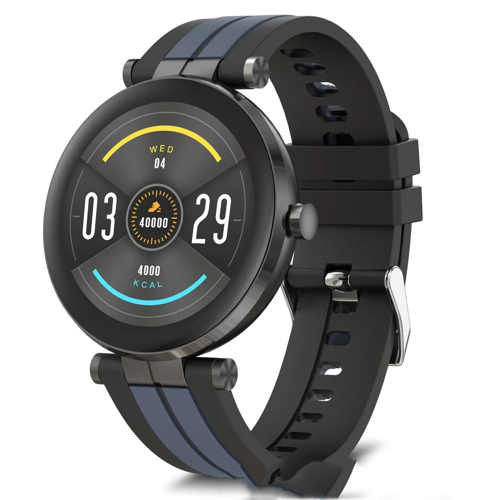 Smart watch with blood pressure monitor on wrist showing heart rate display and black silicone strap