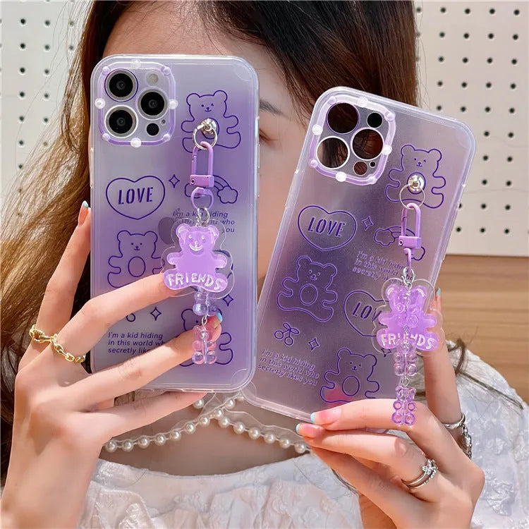 Purple clear gummy bear lanyard TPU phone case for iPhone 12 Pro and 13