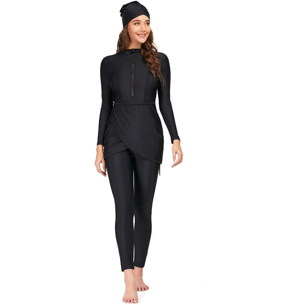 Black conservative Muslim ladies swimsuit burkini with full coverage design