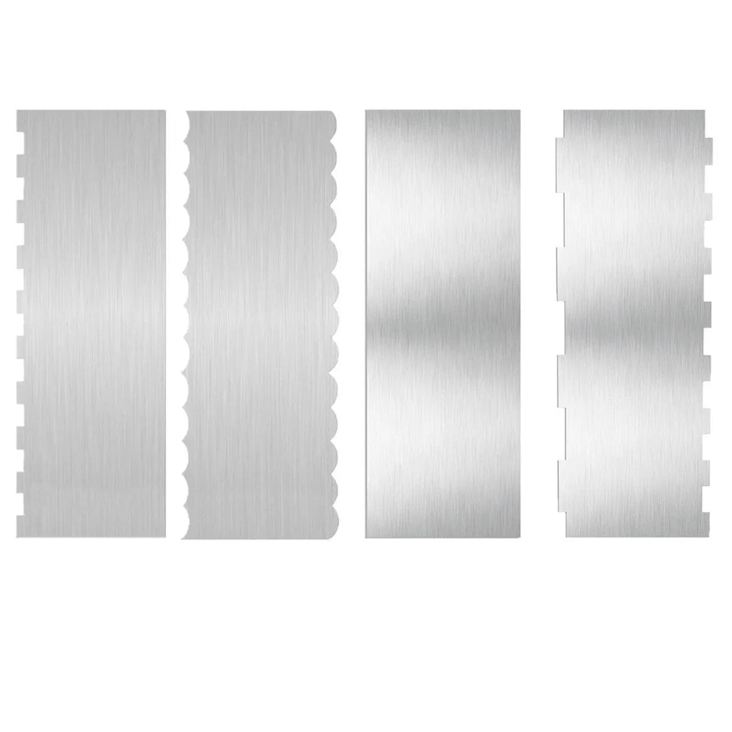 Stainless steel cake decorating scraper with a patterned polygon edge on a kitchen worktop.