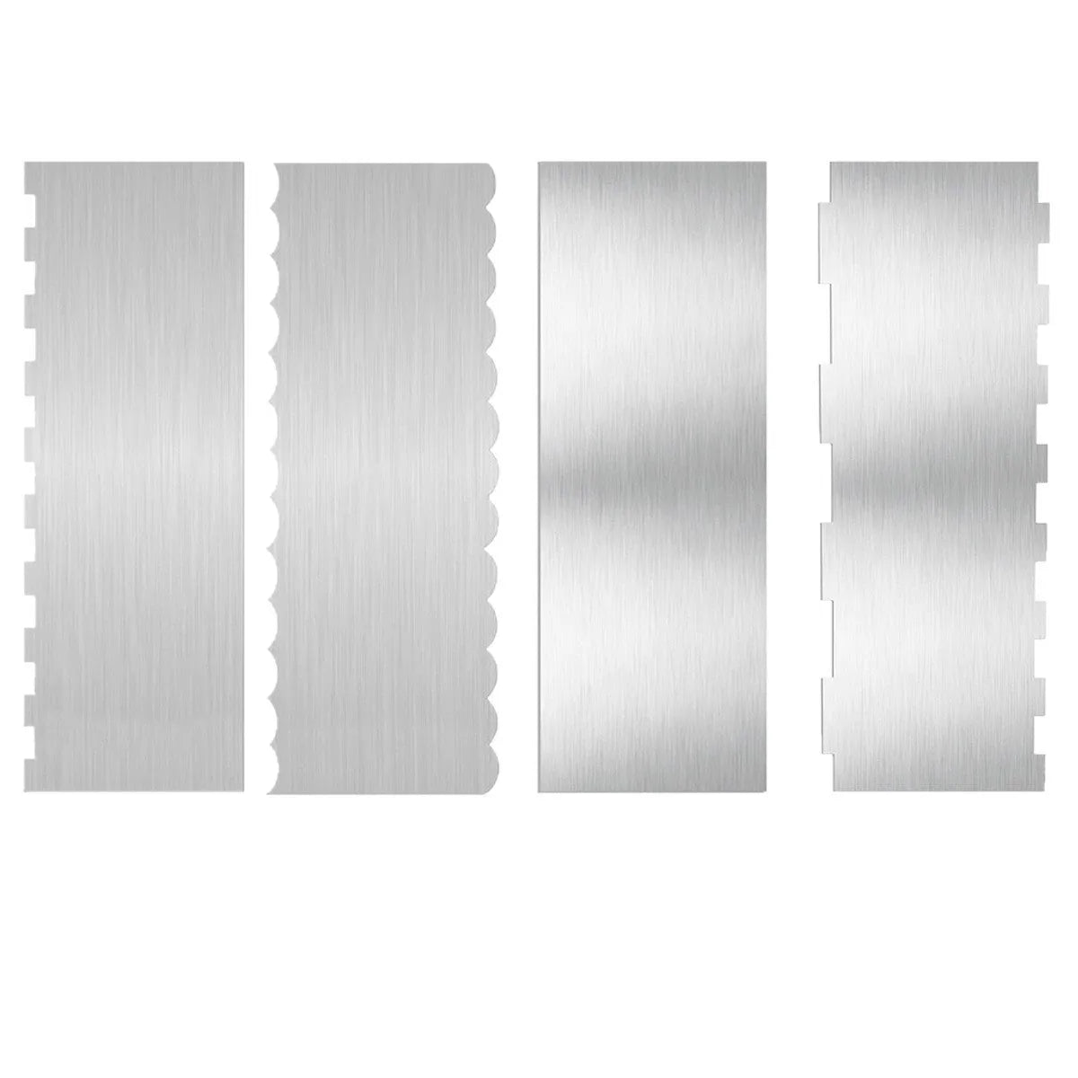 Stainless steel cake decorating scraper with a patterned polygon edge on a kitchen worktop.