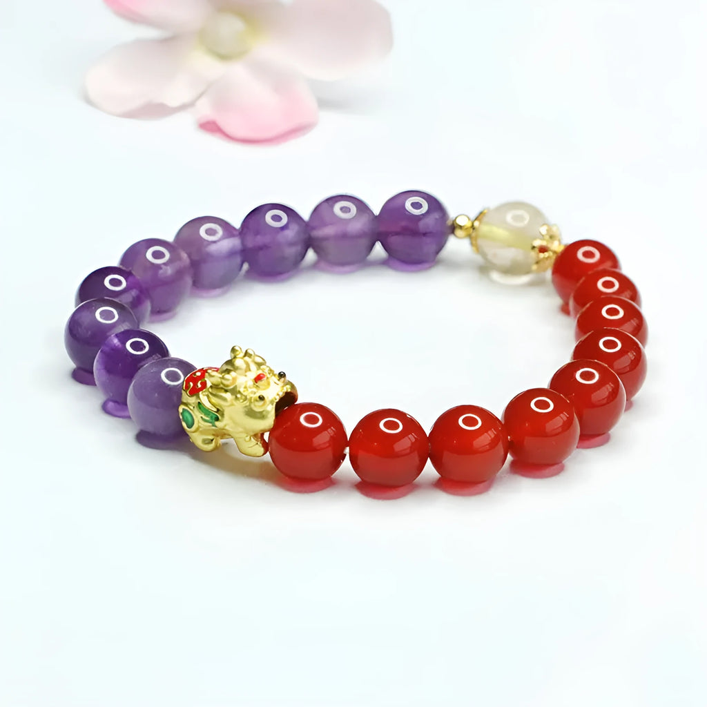 Amethyst red agate bracelet with 8mm Chinese-style beads on wrist
