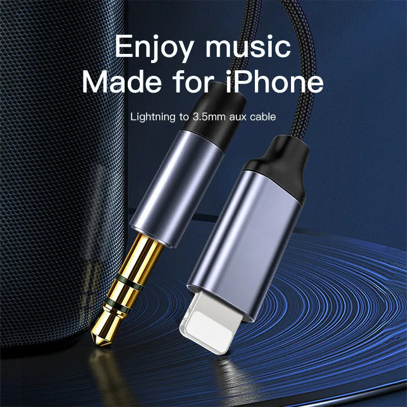 Silver and black nylon-braided 3.5mm audio cable with male connectors on a white background.