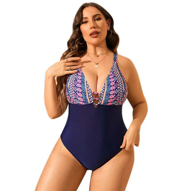 Plus size leopard print one-piece swimsuit with V-neck and cover belly design