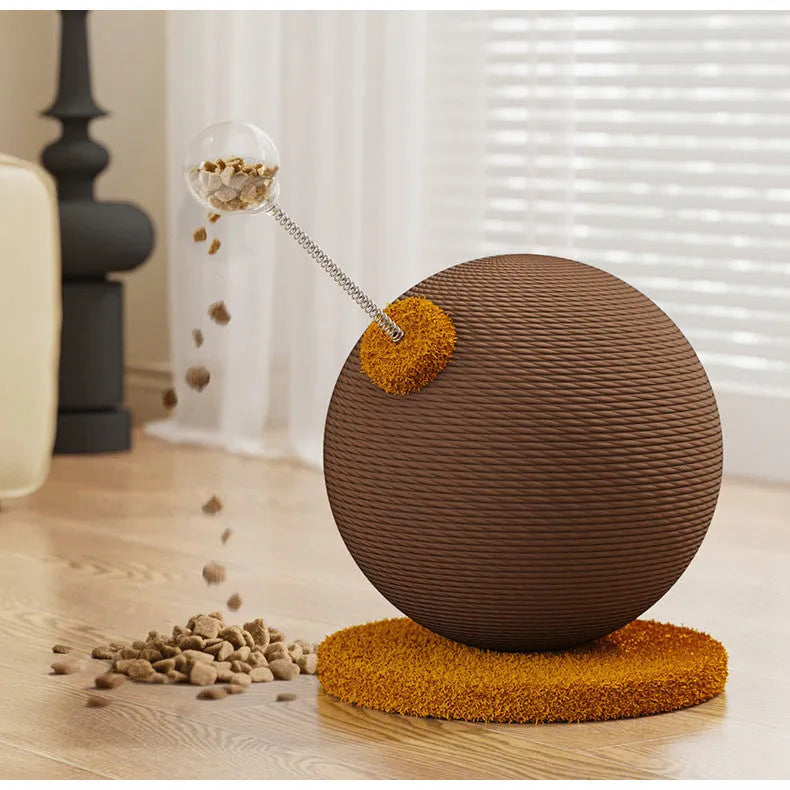 Natural hemp rope cat scratching post with a dangling felt toy ball, shown in large and small size options.