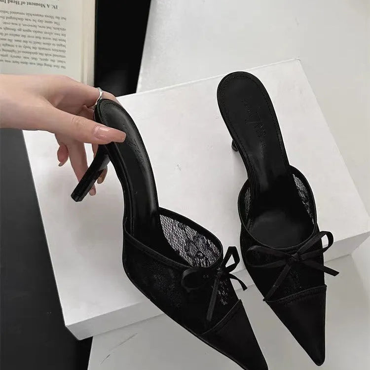 Women's lace pointed toe high heels with decorative bowknot in light brown colour