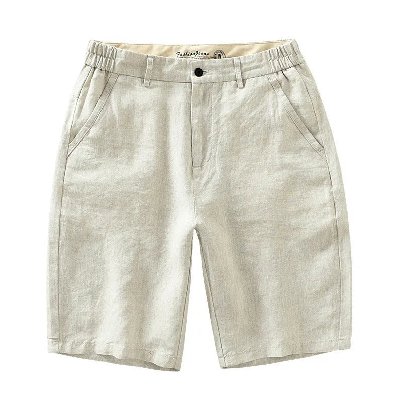 Men's loose linen shorts in blue, light blue, and raw jute colour, sizes M to 3XL, retro fifth-pant length