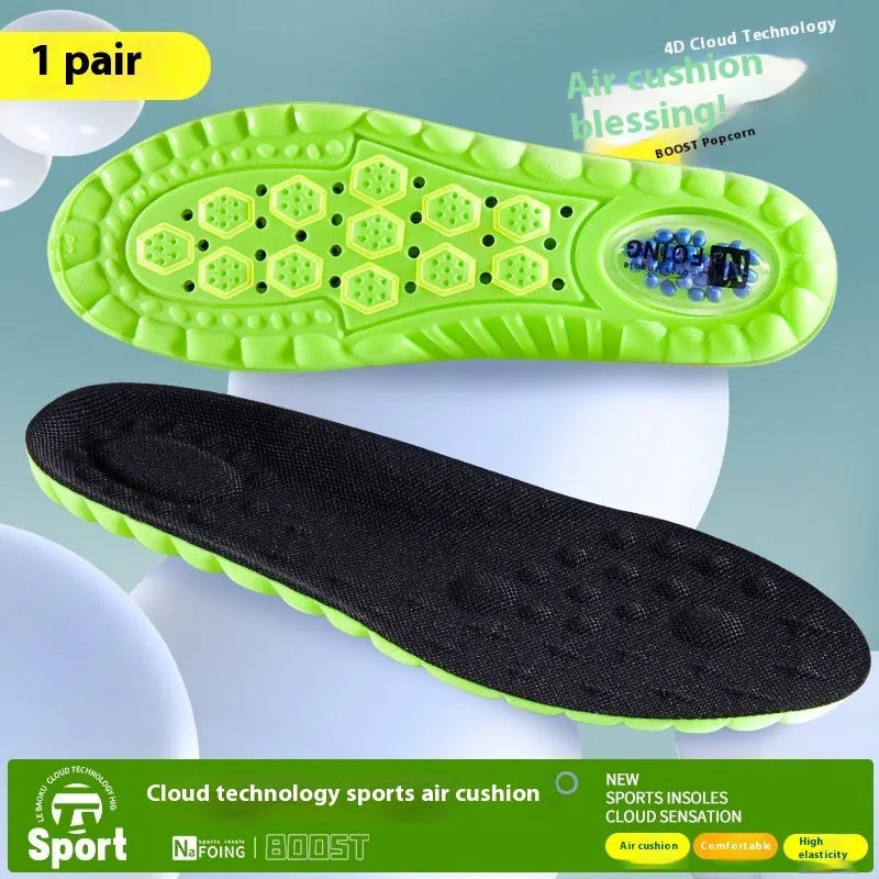 Green PU sports insoles with air cushion shock absorption and argy wormwood lining on a white background