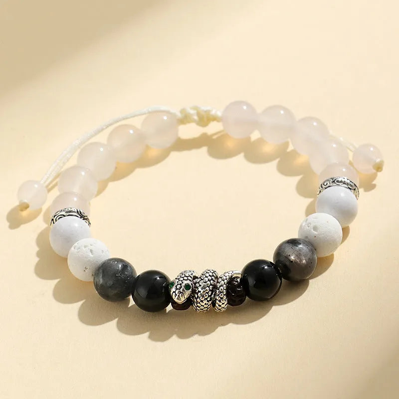 Black and white agate couple bracelets with blessing snake design and glitter accents