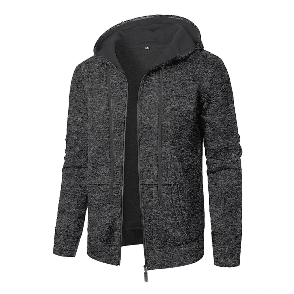Men's solid colour jacquard hooded coat in denim blue, front view, loose fit with long sleeves