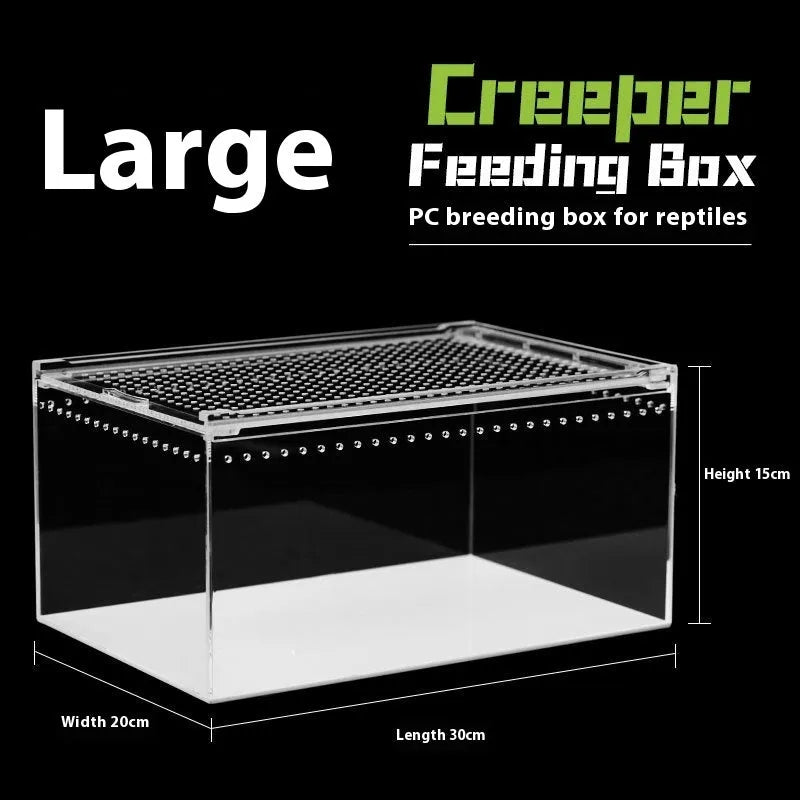 Transparent acrylic reptile feeding box showing PC construction and size options