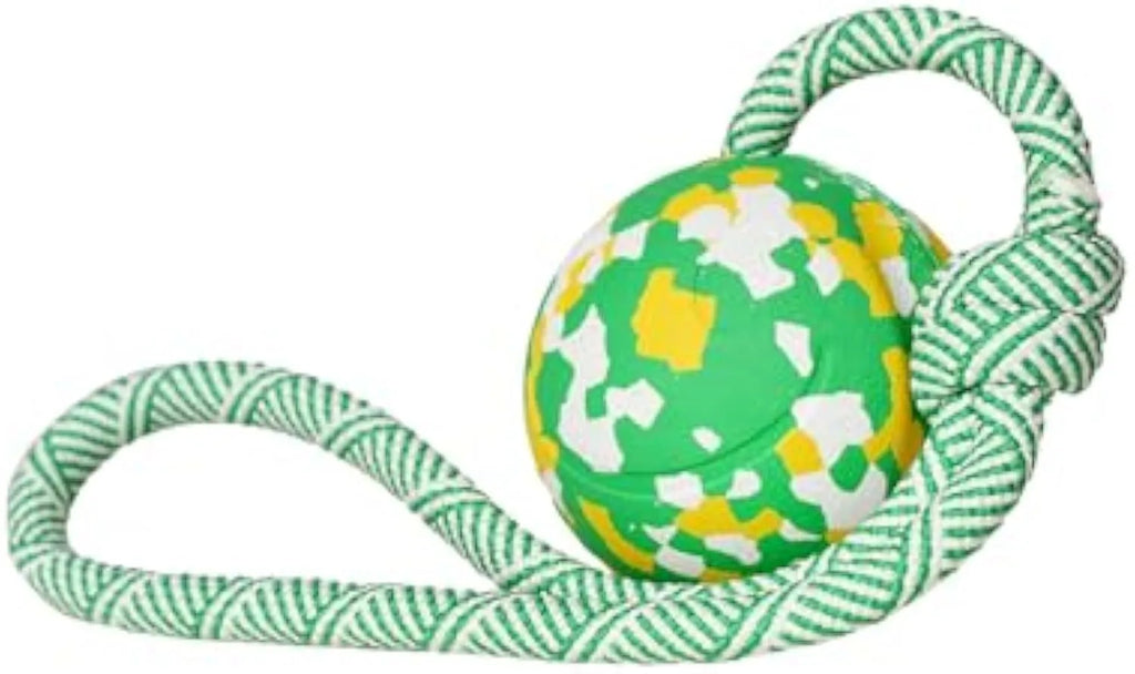 Natural rubber dog ball attached to a blue nylon rope for fetch and tug toys.