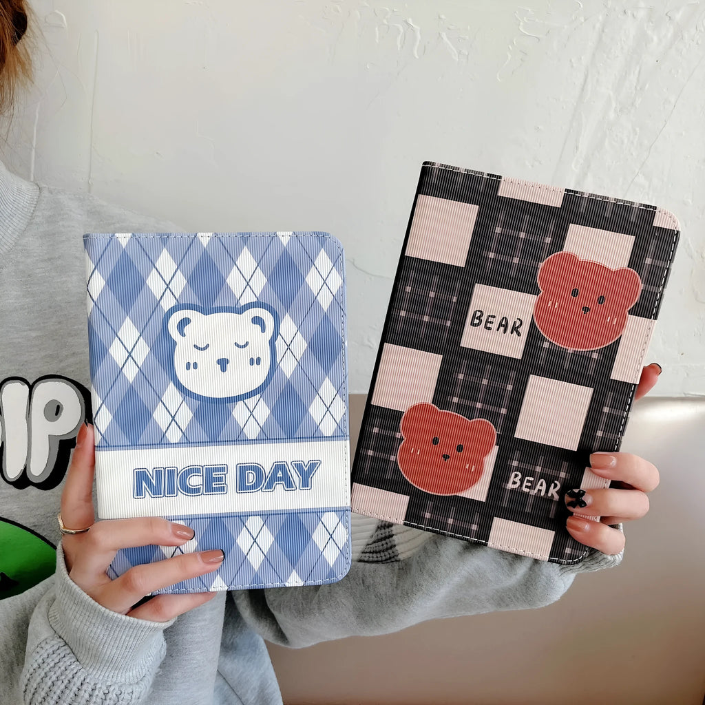 Cartoon plaid bear silicone TPU flip case for iPad in blue rhombus pattern