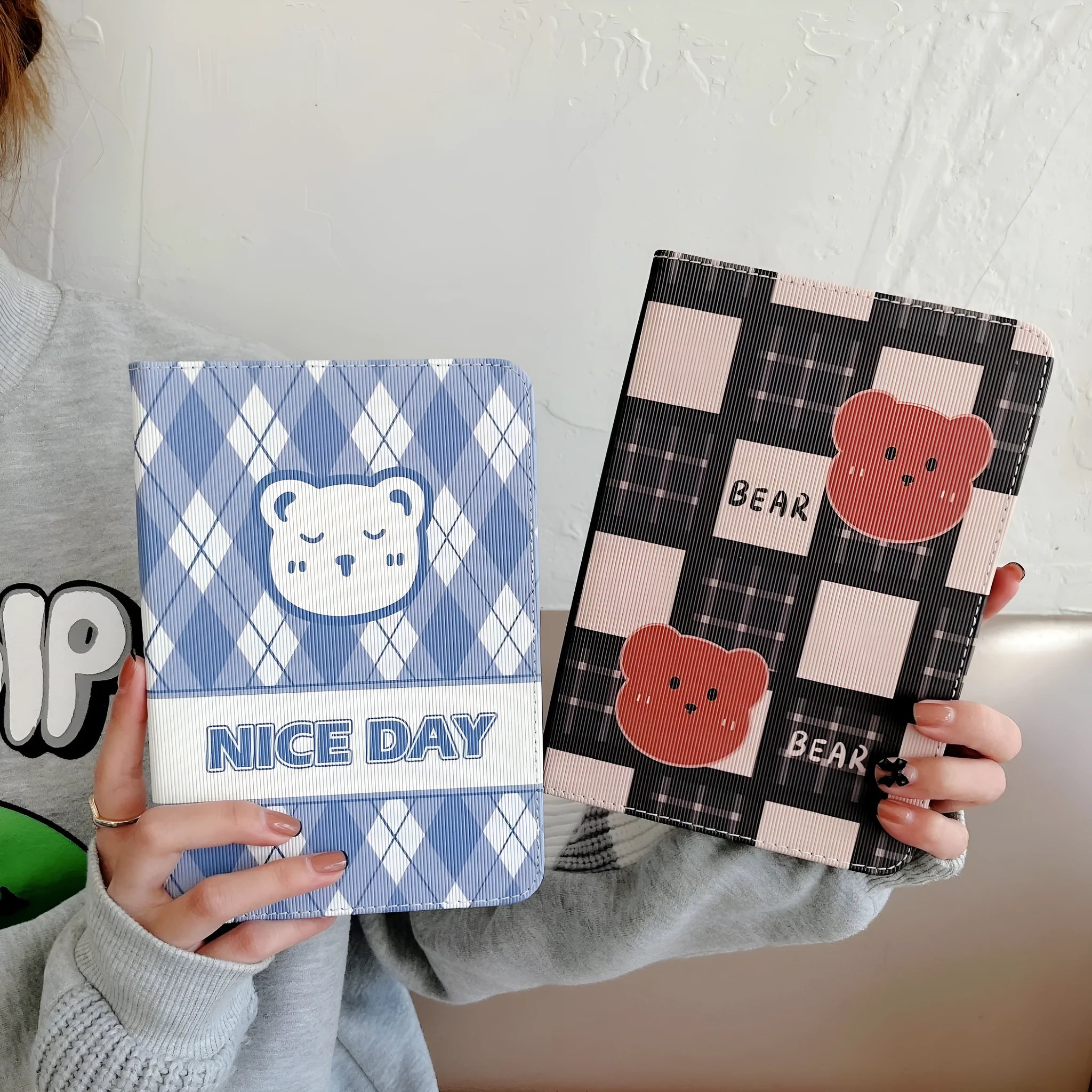 Cartoon plaid bear silicone TPU flip case for iPad in blue rhombus pattern