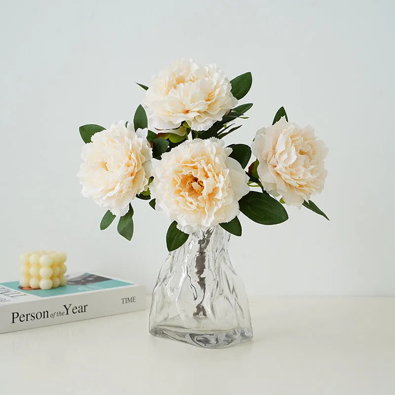 Artificial peony 5-head bouquet in light champagne, 40cm tall silk flower arrangement