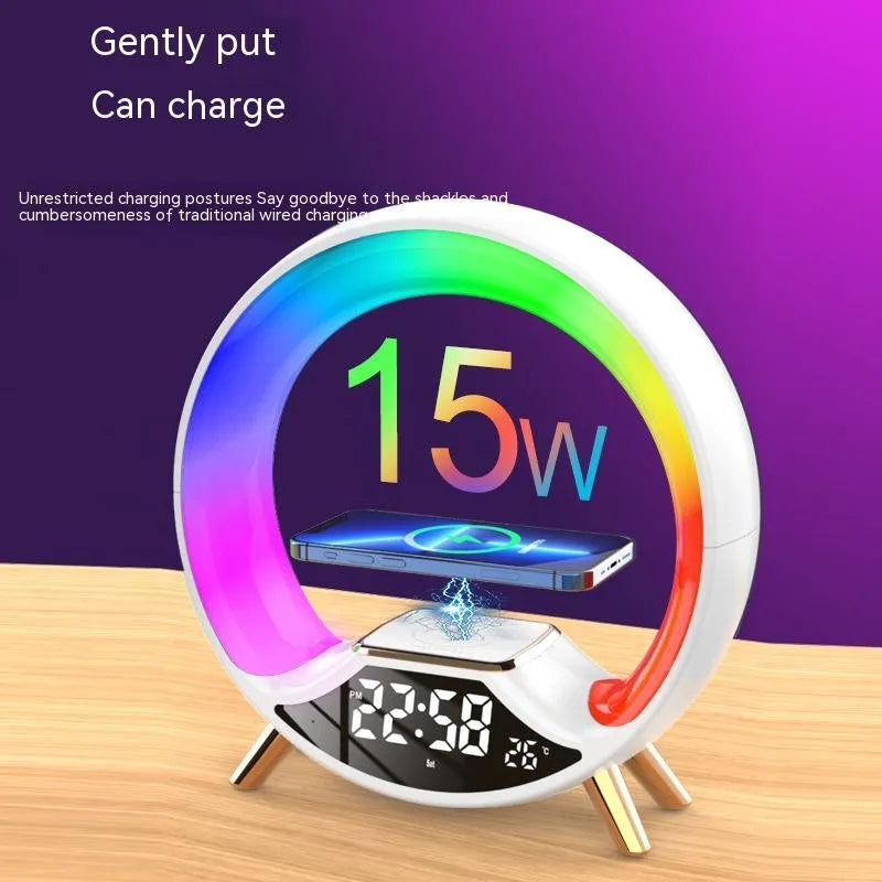 O Light wireless charging bedside lamp with Bluetooth speaker, digital clock display, and dimmable warm light.