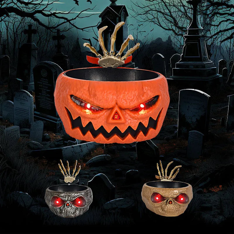 Plastic Halloween candy bowl with motion-activated skeleton hand and lighted red eyes in Grey, Khaki or Pumpkin colour