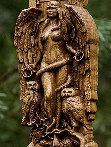 A detailed synthetic resin statue of a Greek goddess, 22cm tall, shown in a garden setting.