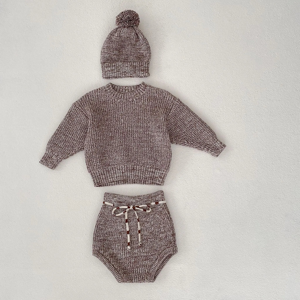 Dark brown baby girl three-piece clothing set with knitted hat, blouse and shorts