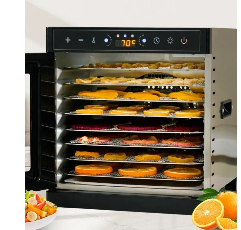 Stainless steel fruit dehydrator with visual skylight on top, showing multiple drying trays inside.