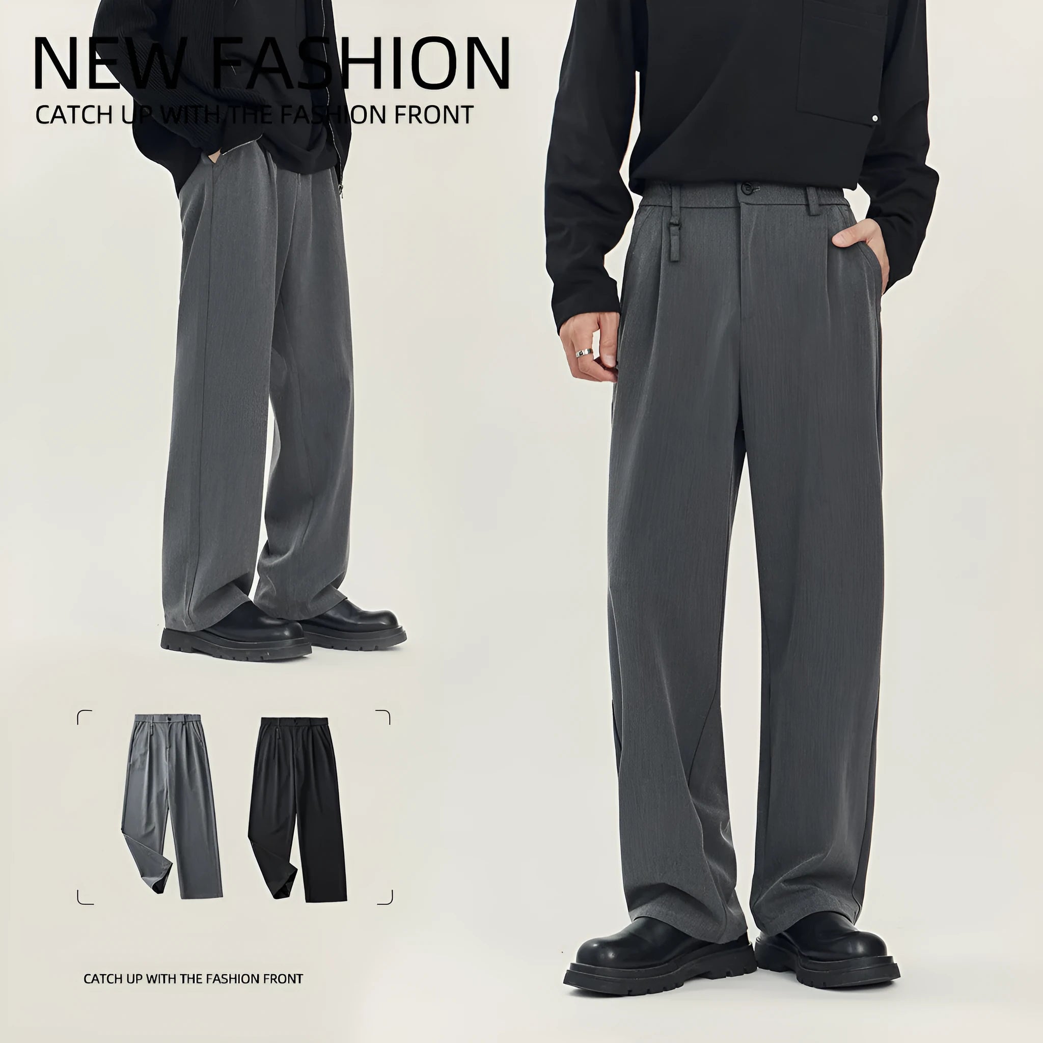 Black and grey loose straight-leg business casual trousers on a hanger, showing draping fit.