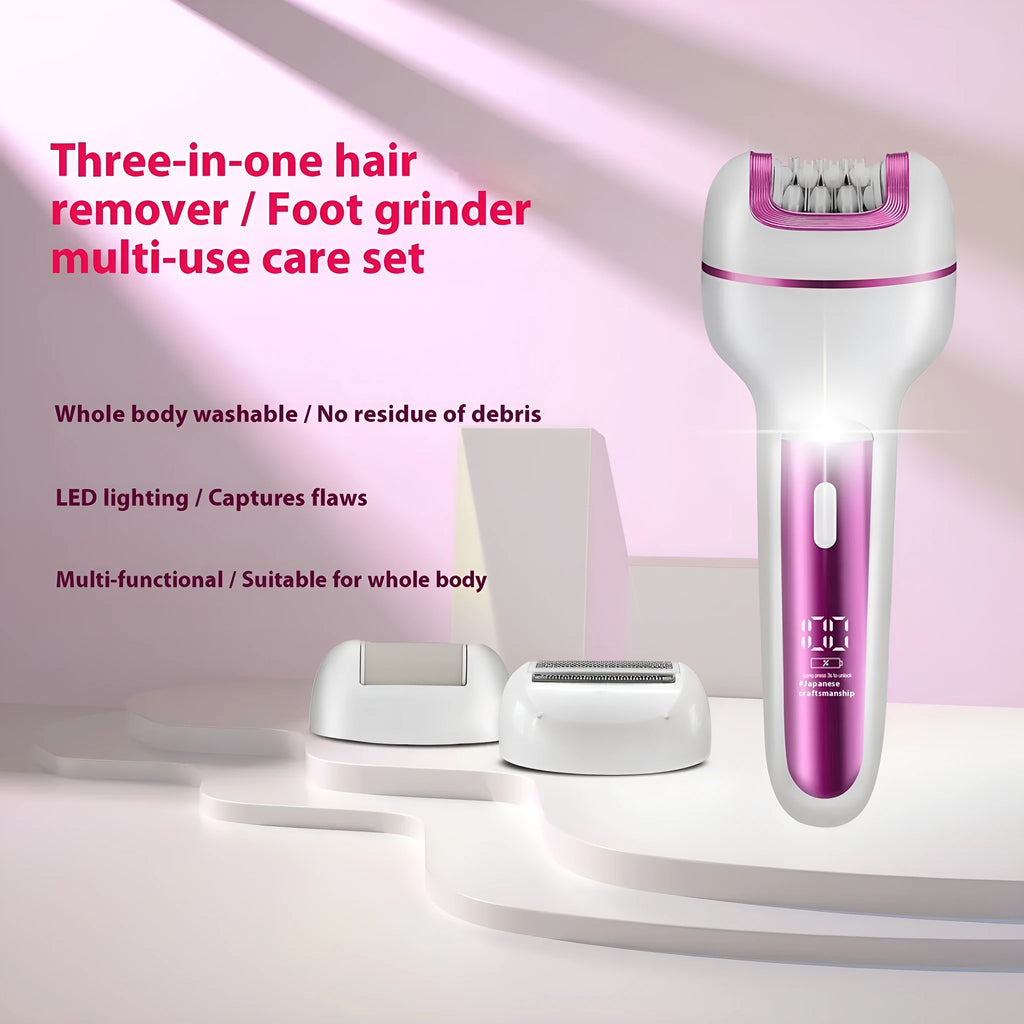 Pink three-in-one electric depilator with plucking head, shaver, foot grinder, and USB charging cable on white background