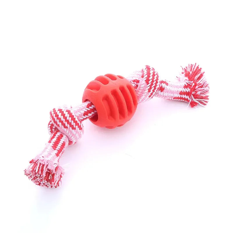Cotton rope double knot ball dog toy in blue green orange pink red for chewing and tooth cleaning