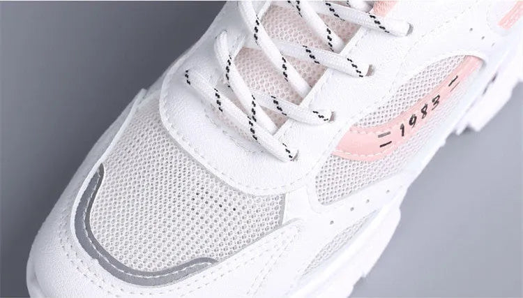 Women's dad shoes summer breathable mesh thin board shoes in white with super high heel over 8cm and rubber sole
