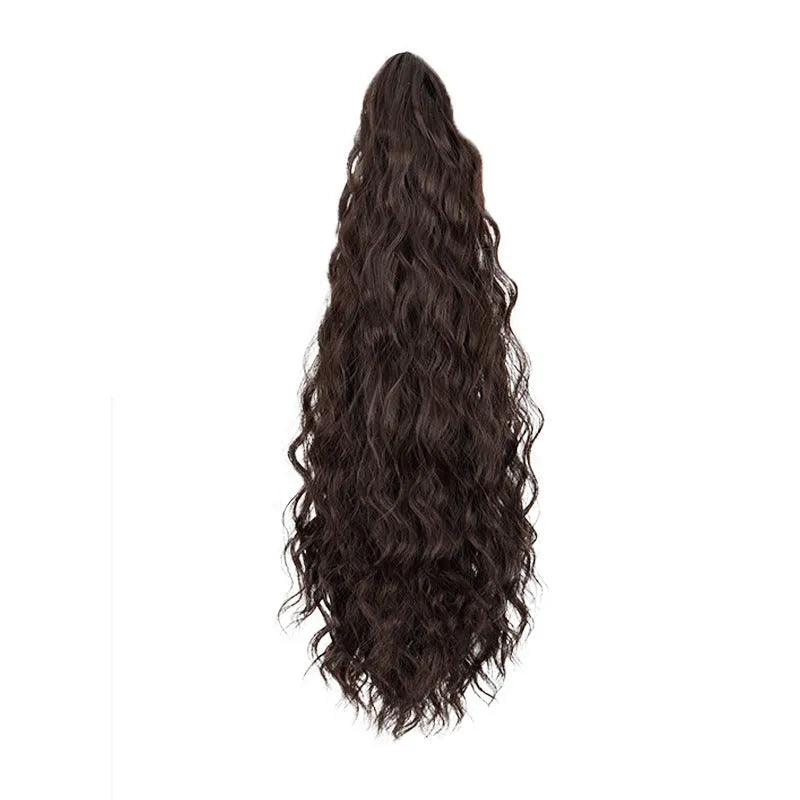 Corn curler ponytail wig with water ripple grip attachment in high temperature fibre hair, shown in colour 1B with a hair clip.