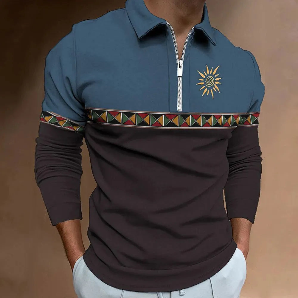 Men's retro colour print long sleeve golf t-shirt with loose fit and zipper decorations