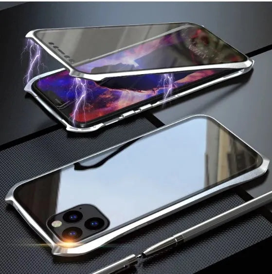 Black metal protective back cover for an iPhone 11 Pro Max mobile phone.