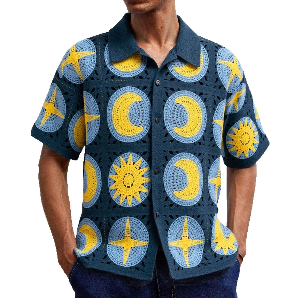 Men's navy blue short-sleeved cardigan with a cartoon flocking pattern on the front.